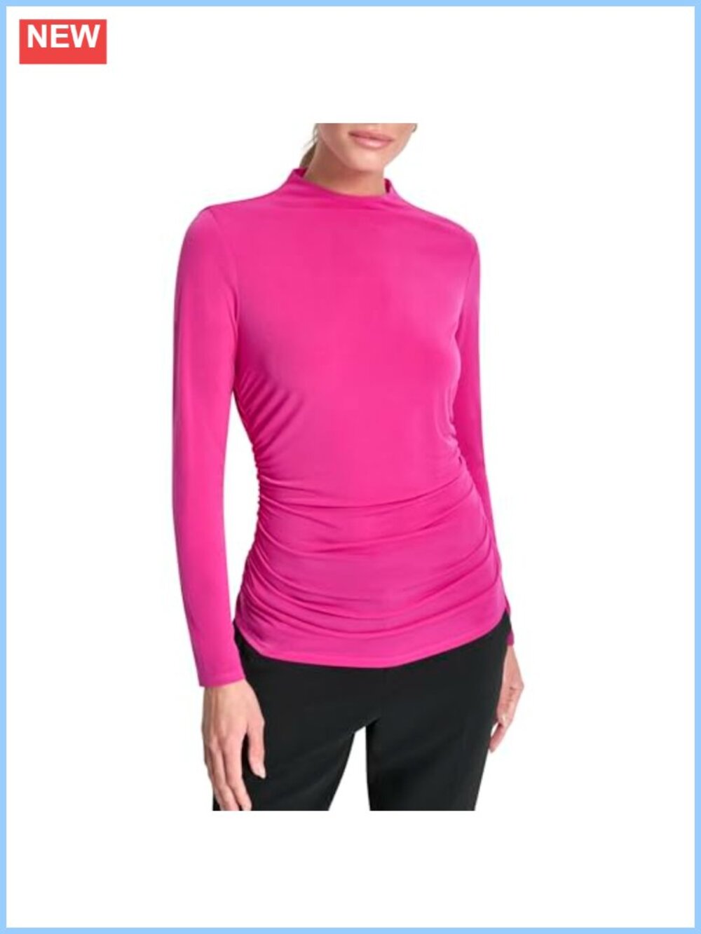 Long Sleeve Mock Neck Jersey Blouse Ruched Waist Stretch Women's Top
